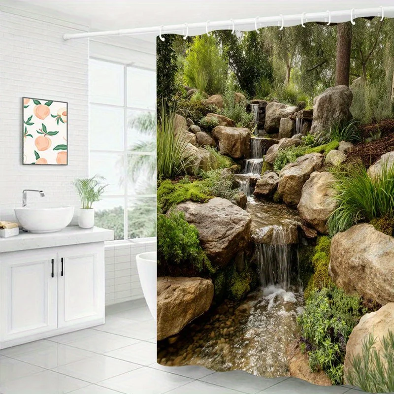 1pc Serene Waterfall Shower Curtain - Multi-Tiered Cascade Over Moss-Covered Rocks & Lush Green Forest Landscape, Durable Polyes