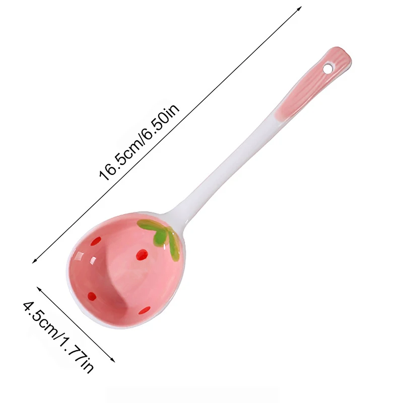 1Pc Cute Strawberry Ceramic Soup Spoon Ice Cream Hand Painted Coffee Dessert Long Handle Spoon Kitchen Tableware Accessories