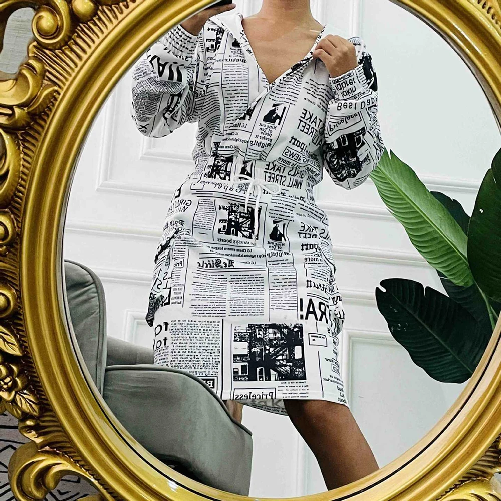 Women\'s Dress Plaid Drawstring Retract Waist Hooded Dresses 2024 Autumn Winter Warm Newspaper Print Sweatshirt Dresses For Women