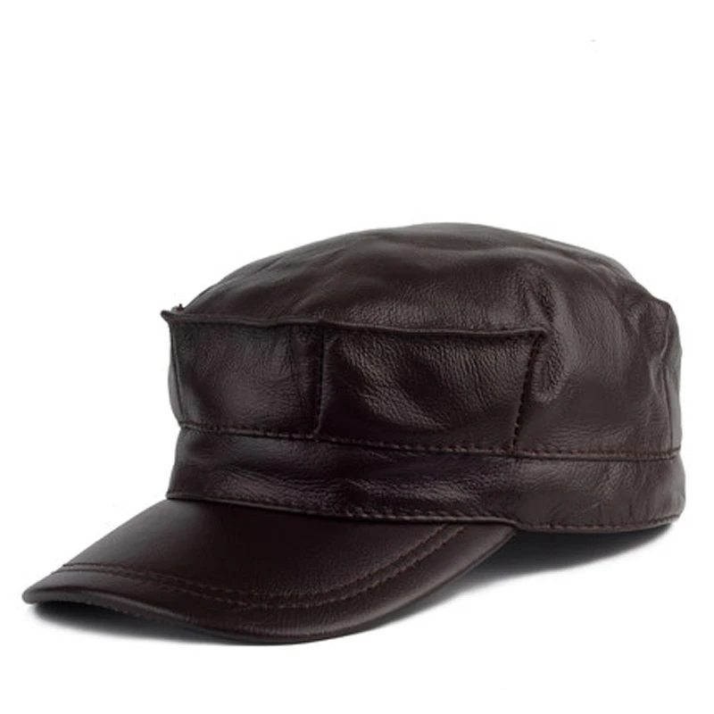 Cowhide Leather Hat Men Winter Casual Outdoor Flat Top Octagonal Cap Male Korean Fashion Earflap Warm Newsboy Berets Dad Chapeau