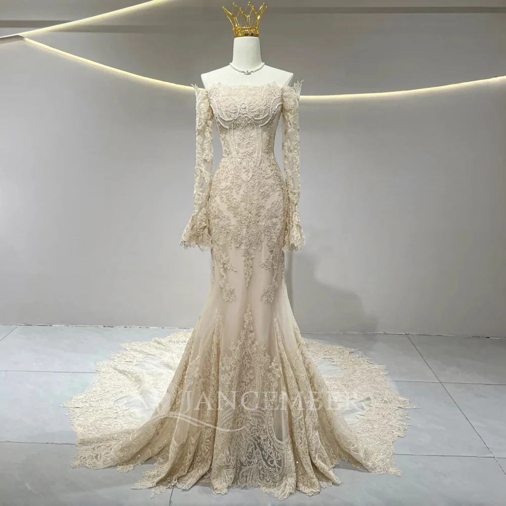 플러스 사이즈 웨딩 드레스 긴 소매 맞춤형 신부 드레스 보트 넥 비치 맞춤형 보헤미안 시크 머메이드 로브 마리에 코트 트레인