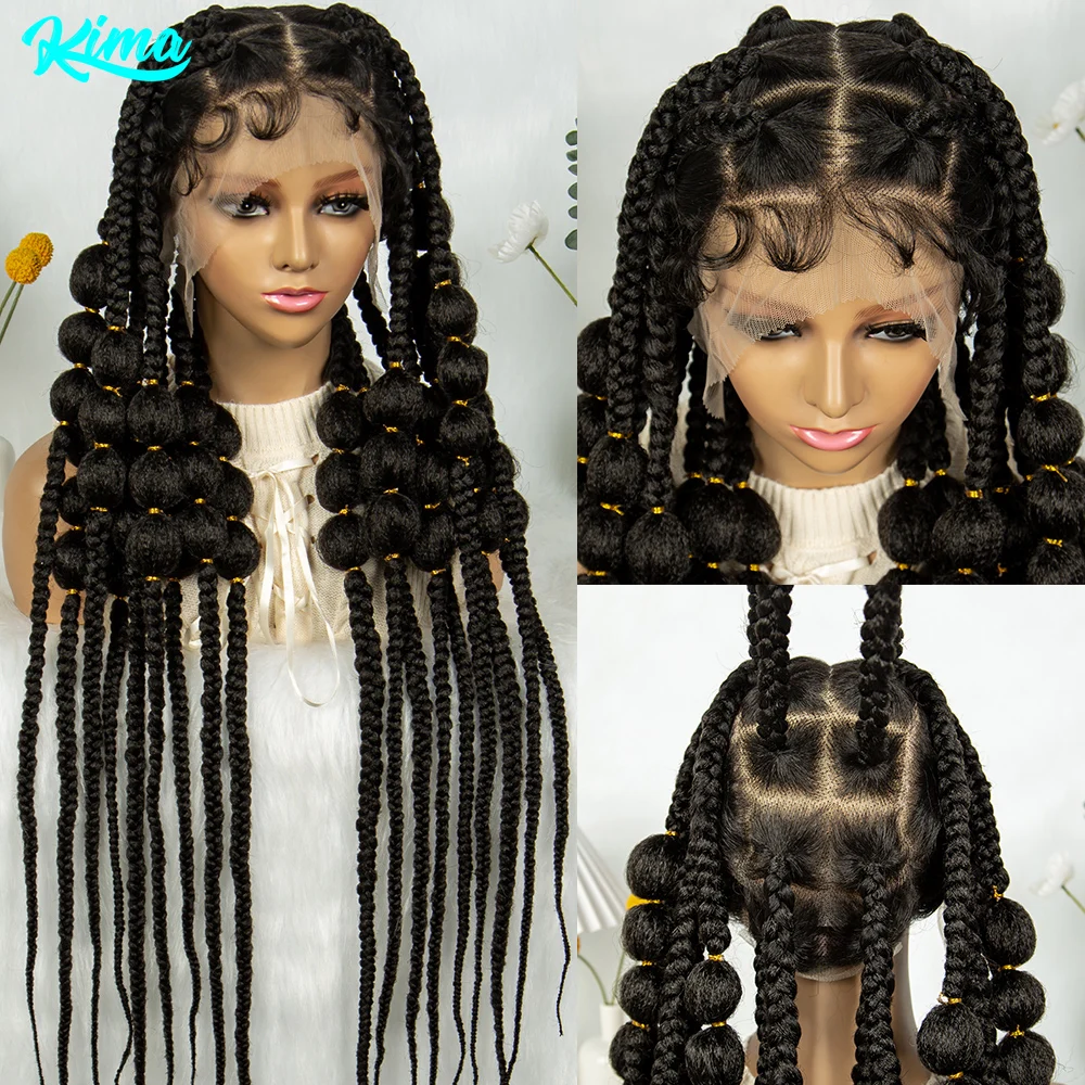 KIMA-perucas trançadas de cornrow sintético para mulheres negras, perucas cheias de renda, sem nós, tranças bolha, 40 polegadas