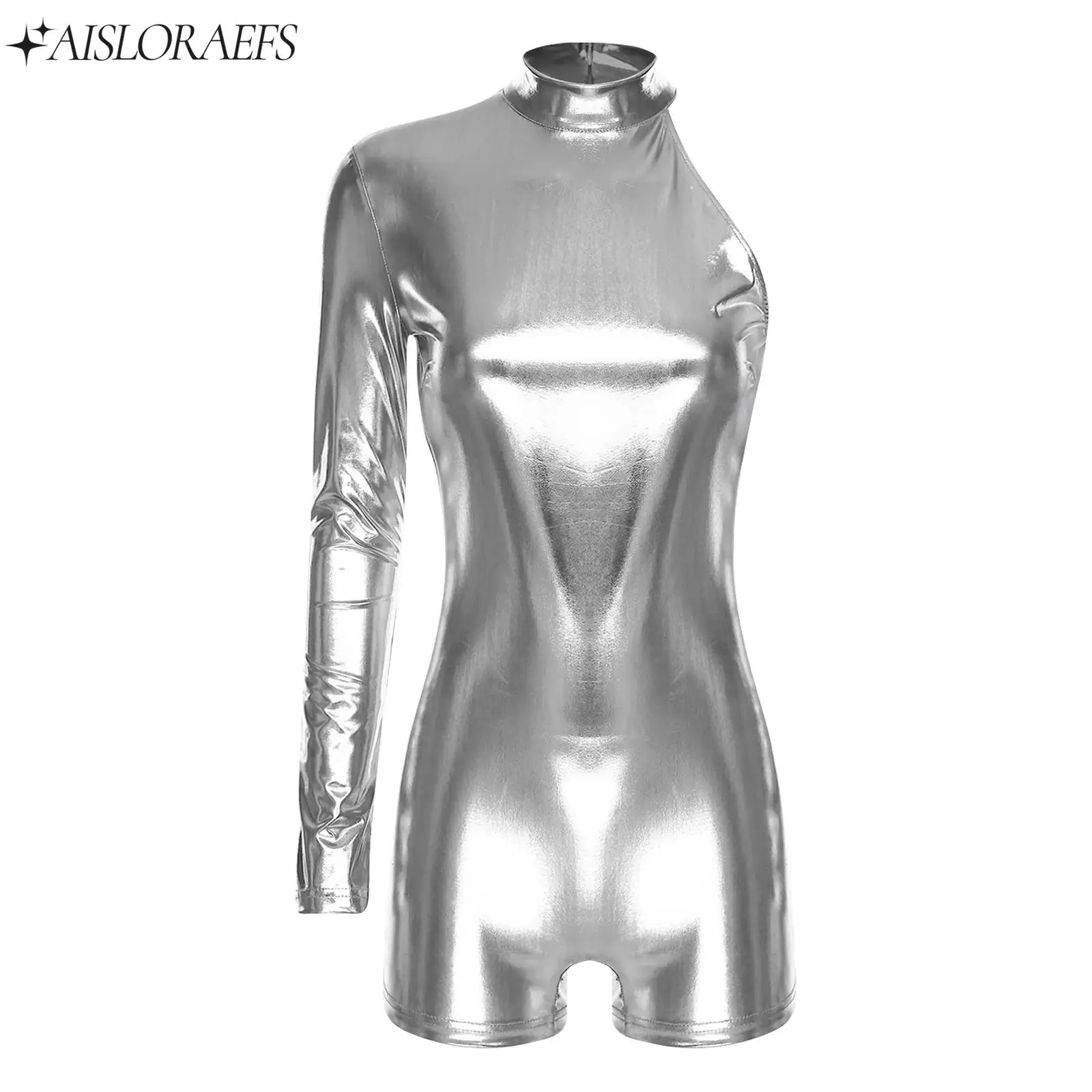 

One Sleeve Metallic Shiny Bodysuit Womens Boy-shorts Leotard Jumpsuit for Yoga Gymnastics Dance Raves Party Performance Clubwear