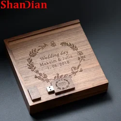 Caja de regalo de madera para fotos, unidad Flash USB 2,0 con logotipo gratis, Pen Drive personalizado para bodas, memoria de capacidad Real, fotografía, disco U de 64G