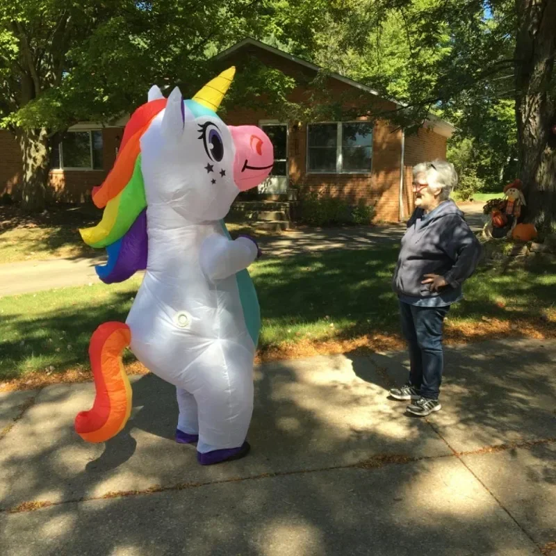 Disfraz inflable de unicornio de cuerpo completo para adultos y niños, con soplador, 4 colores, traje de Cosplay para caminar, fiesta y espectáculo