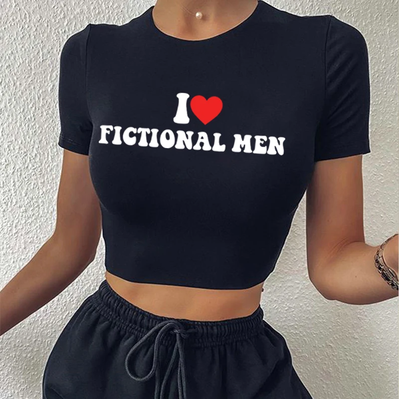 I Love Fictional Boyfriend Crop Tops Short Sleeve Vintage Aesthetic Tee Cute Baby Tee Grunge Graphic Women T-Shirt Streetwear