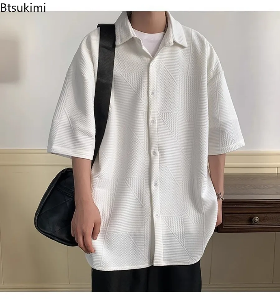 2025 Summer Short-sleeved Hong Kong Style Lapel Shirt Men's Leisure Jacket Trendy Loose New Versatile Jacquard Shirt Male Coat