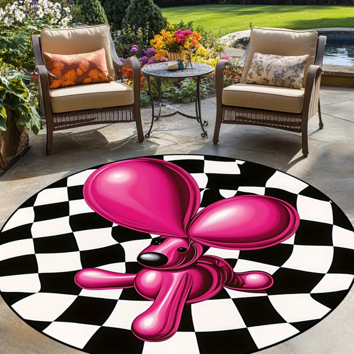 

Pink Balloon Dog & Checkerboard Print Round Rug, Non-Slip Soft Floor Mat for Living Room Bedroom Game Room Kids Room Decor