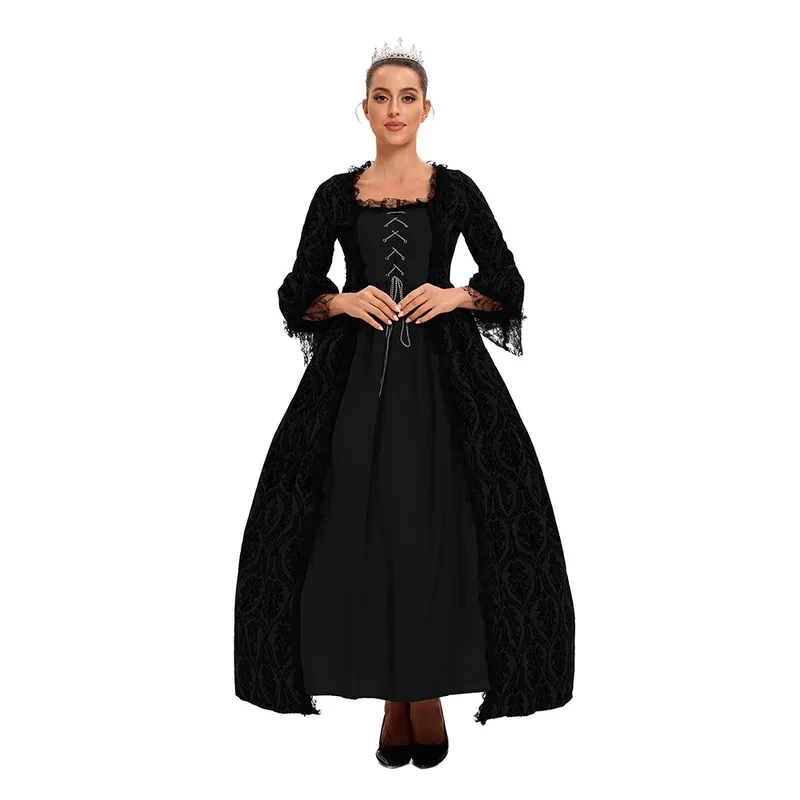 

s;3'c\5/b'Women Vintage Court Cosplay Lace Splicing Medieval Renaissance Queen Ball Gown Bell Sleeve Maxi Dress 3'f,6\b;8/