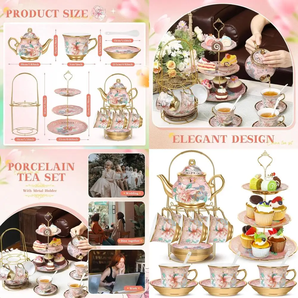 

Розовый весенний фарфоровый чайный сервиз с металлическим держателем, подставкой для кексов и 21 предметами для женщин и девочек — идеально подходит для европейского стиля P