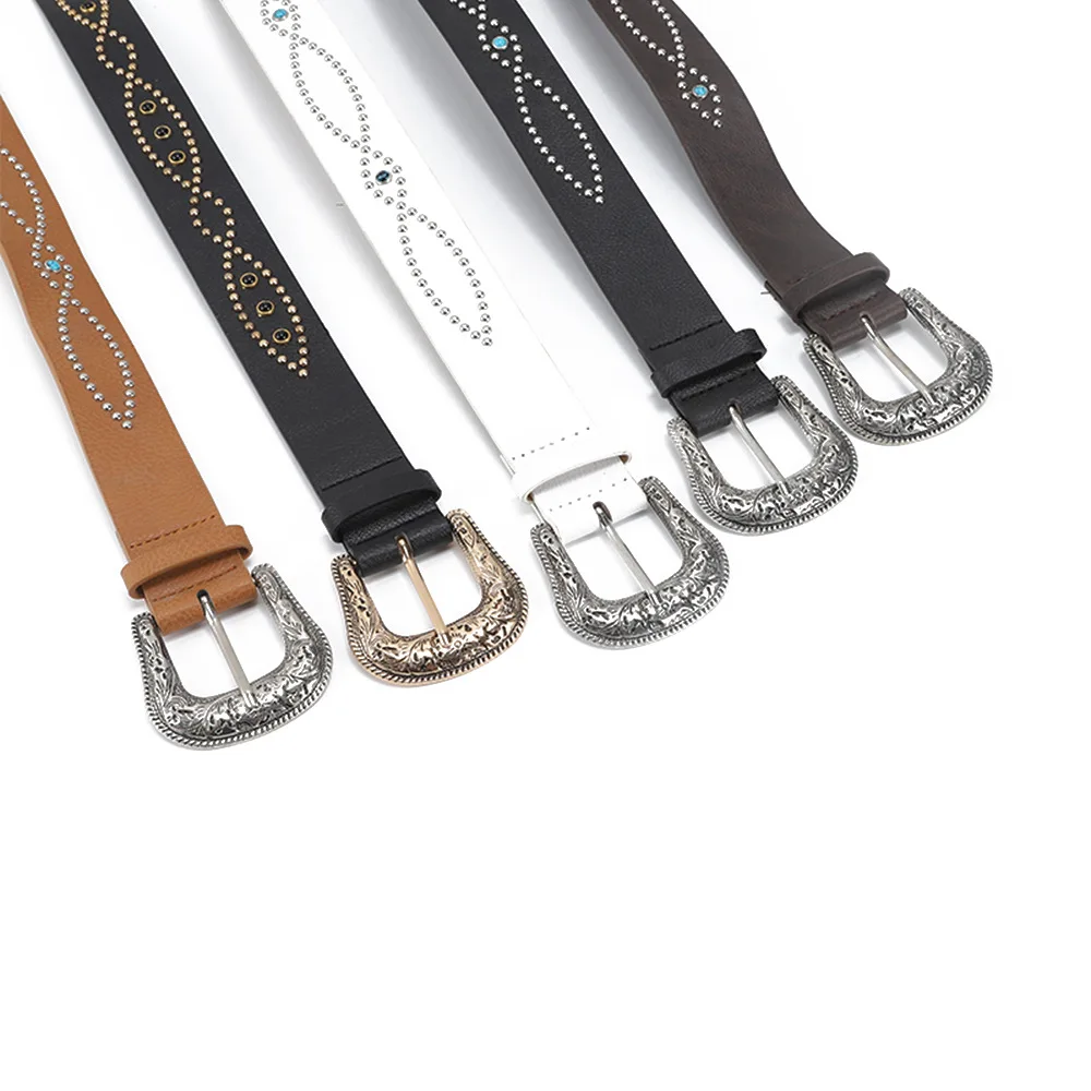 Glitter White Bohemia Rhinestone Leather Rivet Belts Women,  Vintage Cross Black Metal Decorative Fastener Buckle Belt for Woman