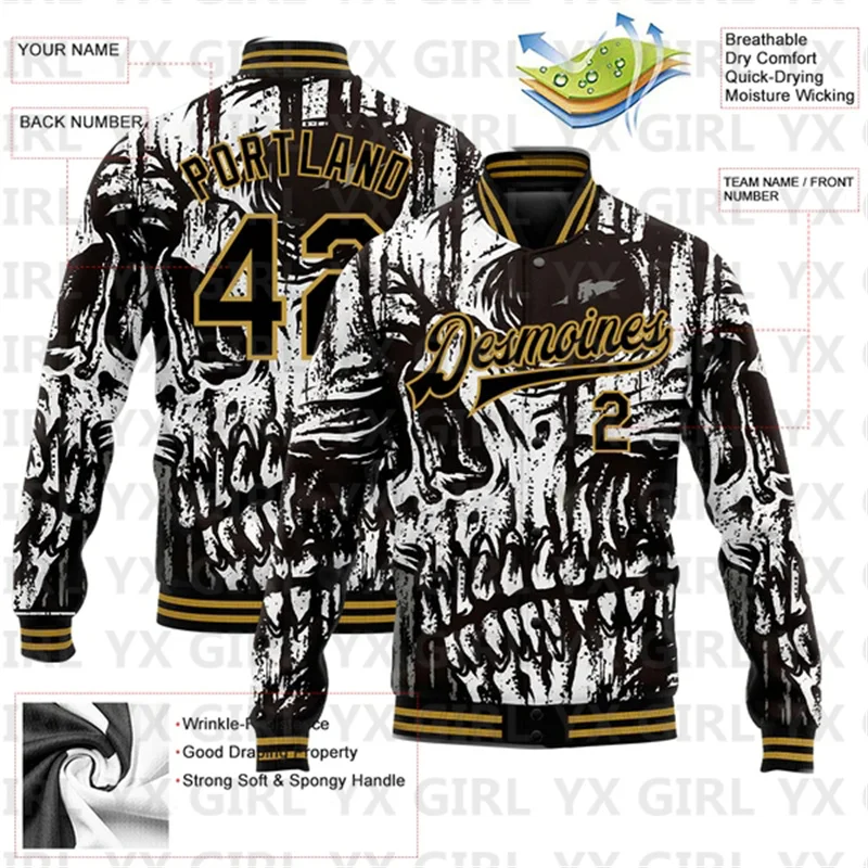 Custom Black Old Gold Skull Fashion 3D Bomber Full-Snap Varsity Letterman Jacket 3D Baseball Button Jacket