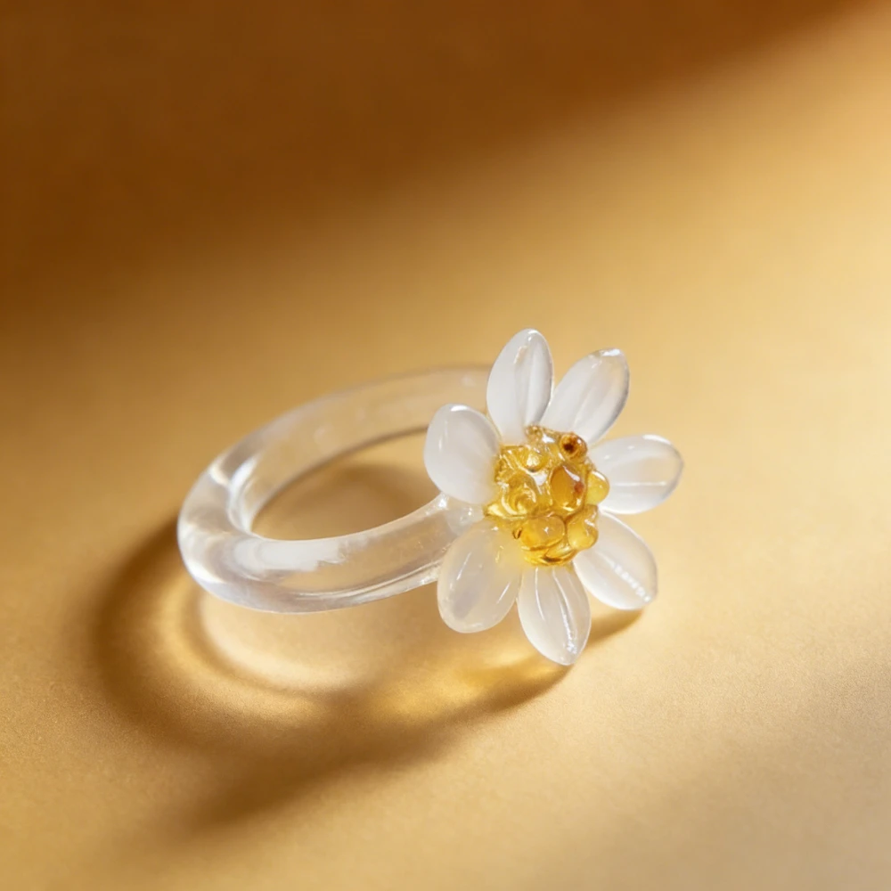 Handmade Glaze Glass Flower Ring Crystal Daisy Sunflower Jewelry Accessories for Women Exquisite Small Clover Rings Girls Gift