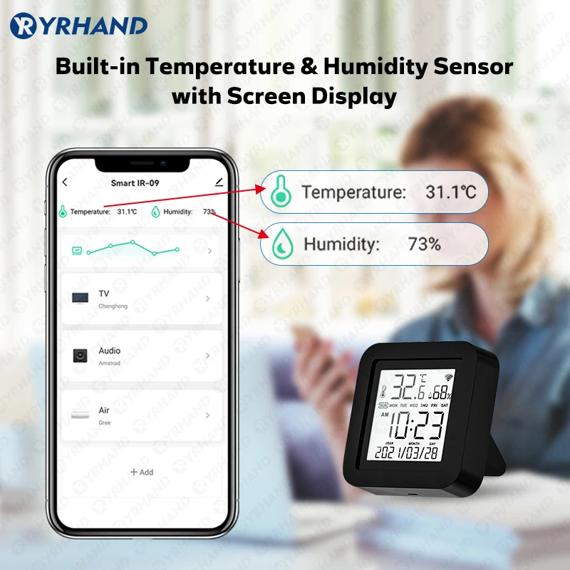 YRHAND Tuya Smart WiFi Universal IR Remote Temperature Humidity Sensor for Air Conditioner TV AC Works with Alexa,Google Home