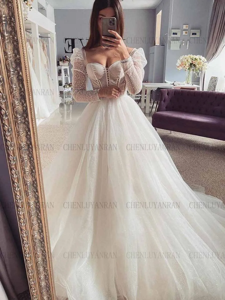 Glitter Tulle Wedding Dresses For Women Pearls Full Sleeves Sexy Wendding Dress Long Dresses For Women 2023  فستان حفلات الزفاف