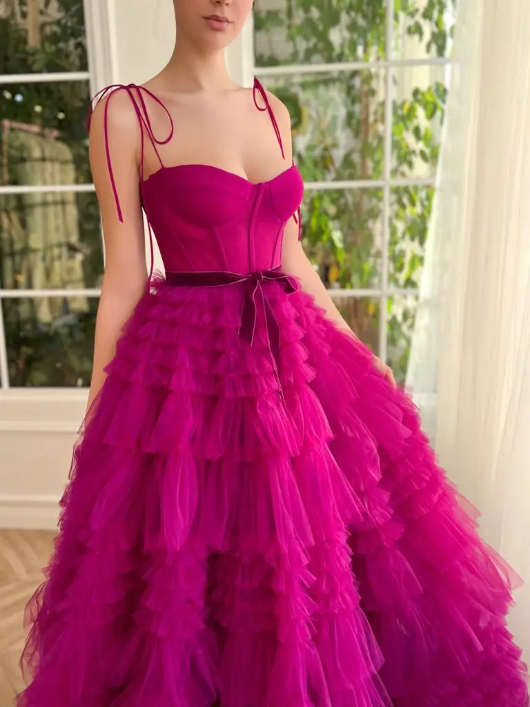 Tulle Bow Spaghetti Straps A-line Evening Dresses Sweetheart Backless Tiered Pleats Cake Dress Luxury Long Graduation Gowns 2024