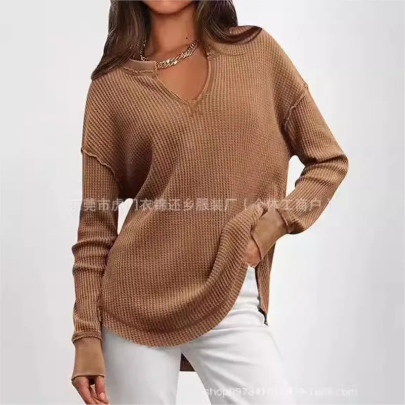 Casual Simple Waffle Knited Pullover Top 2025 Autumn Solid color Notch V-Neck Collar Long Sleeved Top with Split Home Sportswear