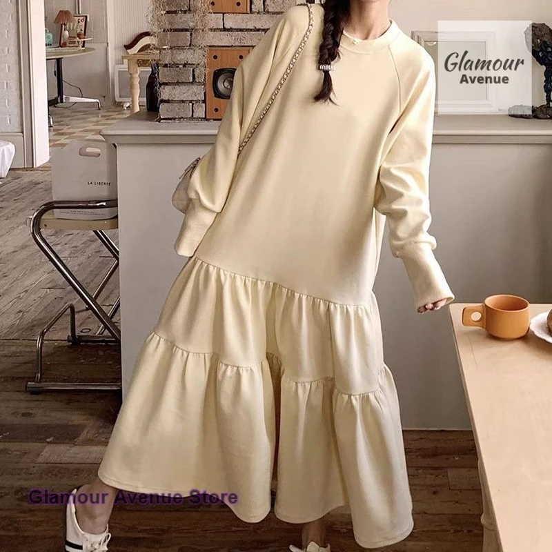 

French ruffled long-sleeved long sweater dress women's extra-large size autumn and winter loose belly-covering slim A-line skirt