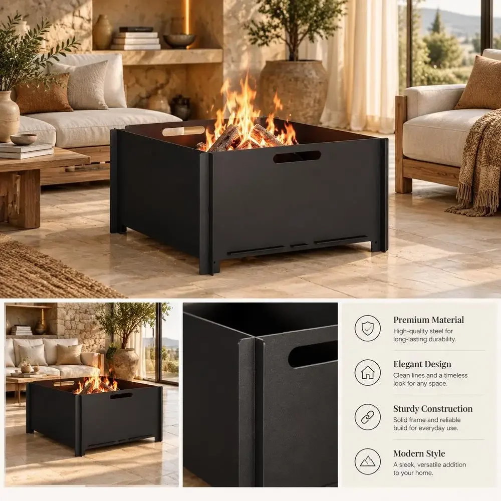 Brasero de acero para exteriores de 60 x 60 x 30 cm / estufa de leña. Gracias a su robusta estructura metálica y su diseño de ventilación eficiente, es ideal para reuniones en patios, terrazas y jardines.