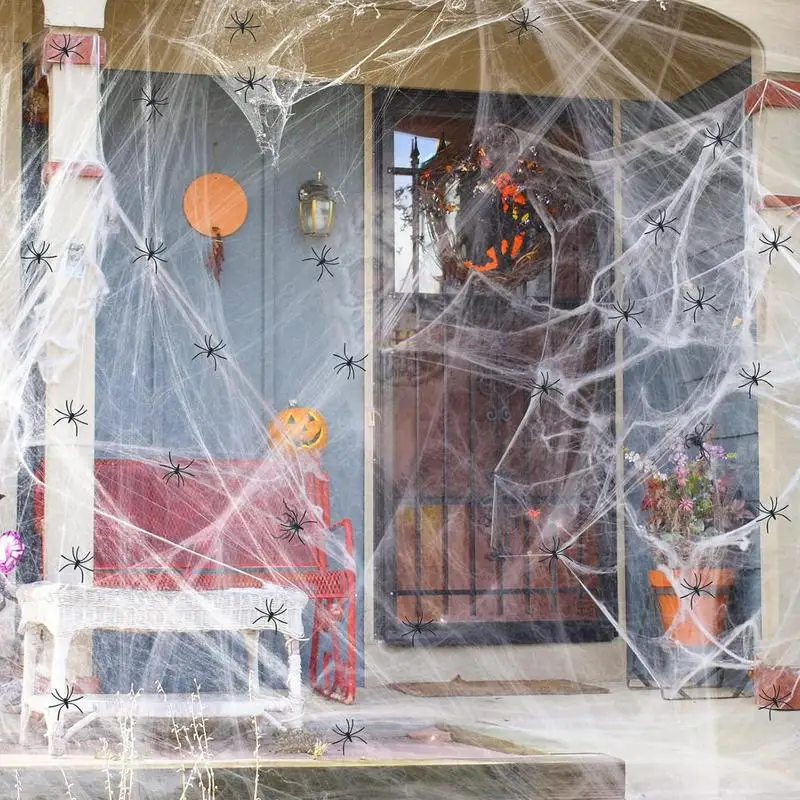 Halloween Decoration Artificial Spider Web Creepy Halloween Glowing Super Stretch Cobweb With 60 Fake Spiders Horror House Props