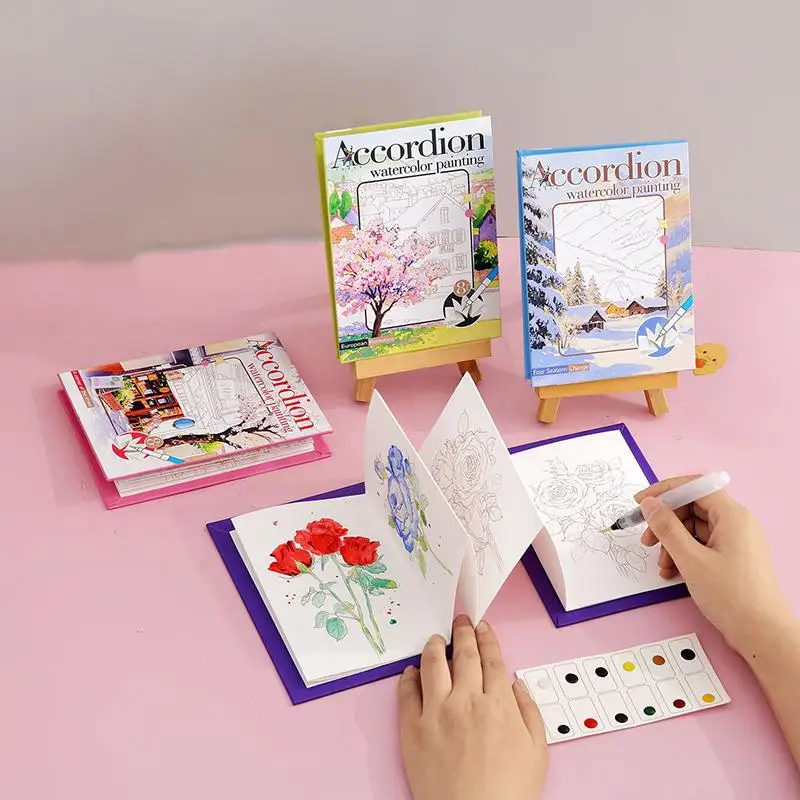 

Portable Watercolor Sketchbook, Doodle Book, Foldable Coloring Book Set (with Built-in Paints), Holiday And Birthday Gift.