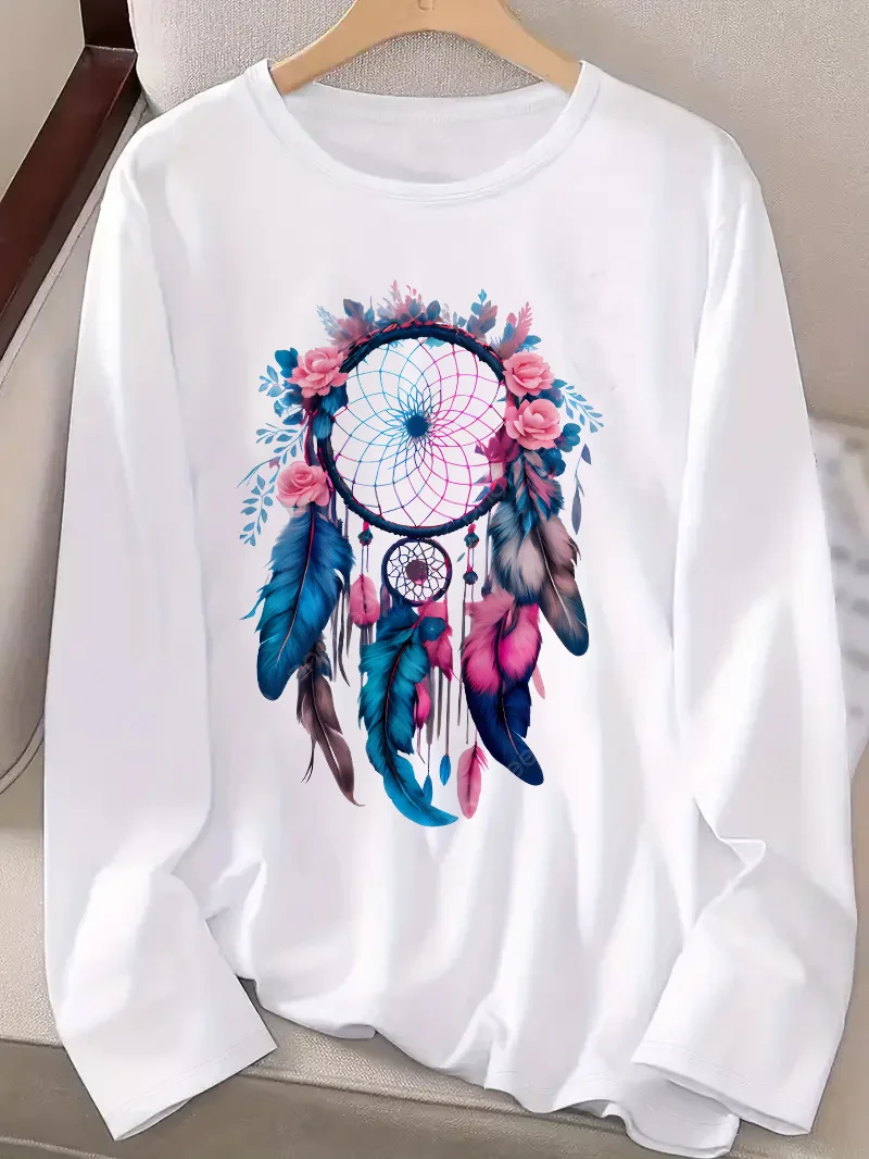 Feather Dreamcatcher Bedrucktes Langarmshirt Lustiges T-Shirt Damen Print T-Shirt Rundhals Top T-Shirt Lässig