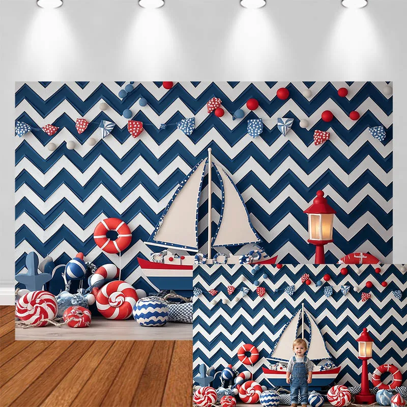 LS Photography Background Navy Blue Sailboat Life Preserver Decor Birthday Baby Shower Cake Smash Kids Portrait Photo Backdrop