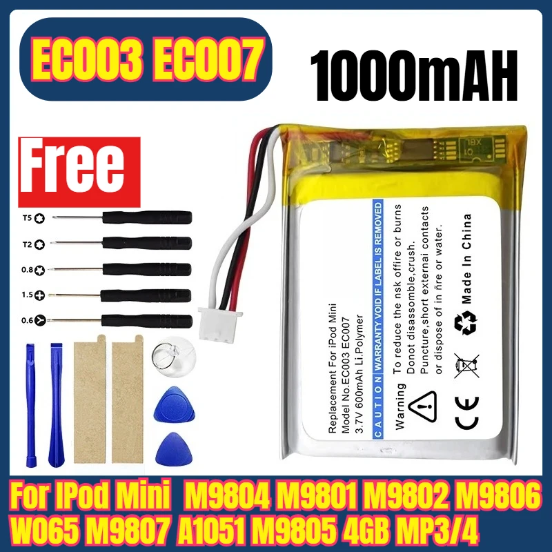 

New EC003 EC007 Battery for IPod Mini M9804 M9801 M9802 M9806 W065 M9807 A1051 M9805 4GB MP3/4 1st 2nd Gen + Free Tools