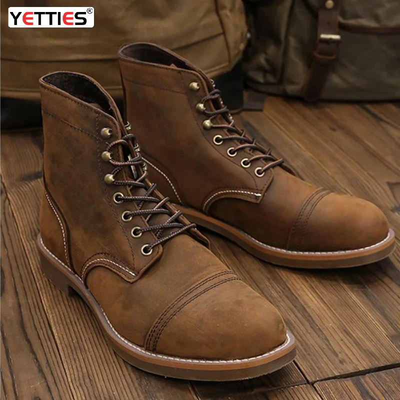 

Amekaji Vintage Leather Motorcycle Boots, Genuine Cap-Toe Desert Boots with Chunky Sole, American Retro High Top Work Boots