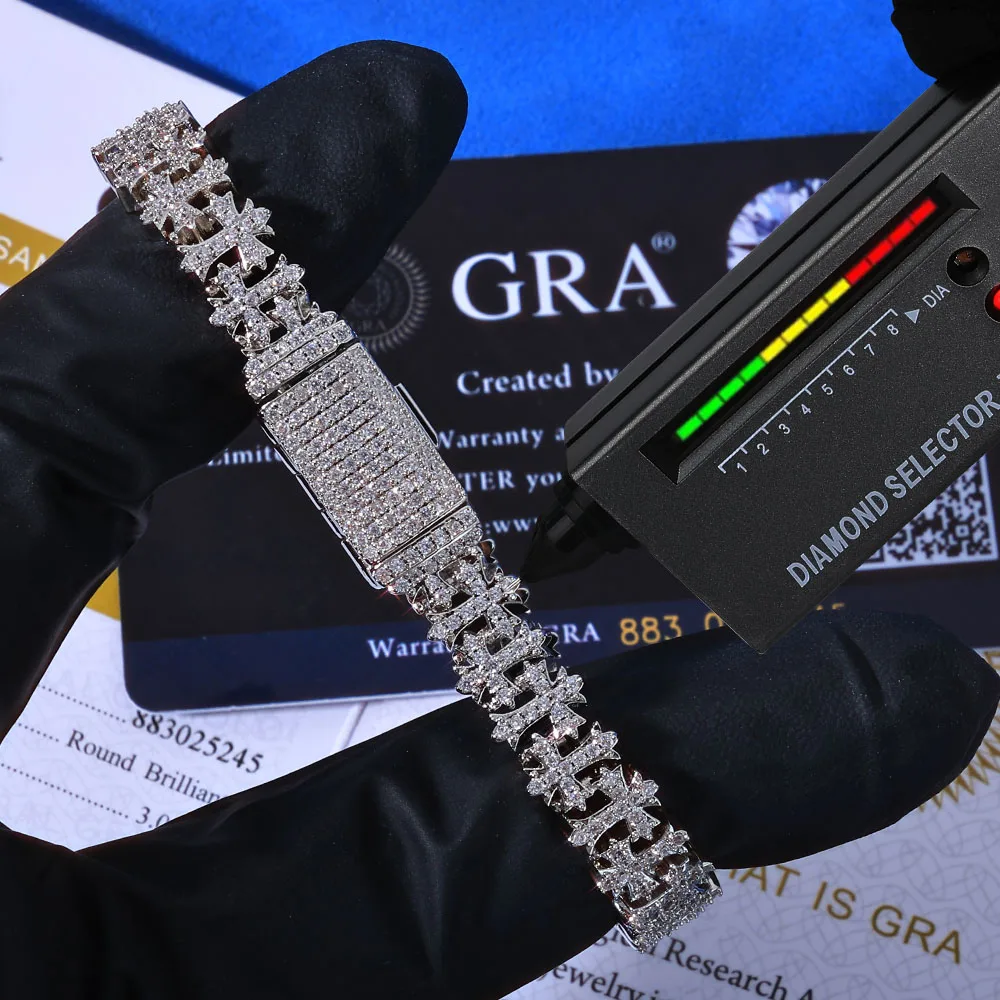 

Hip Hop Jewelry Pass Diamond Test 8/11mm Width Moissanite Cross Chain 925 Silver VVS Cuban Bracelet for Men Women