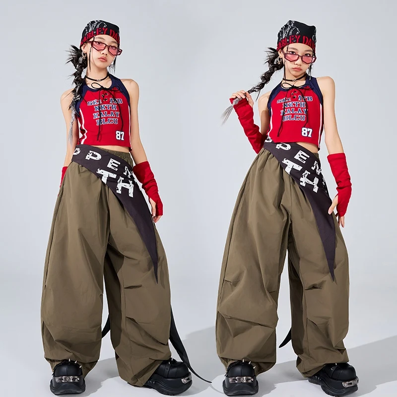 Children Hip Hop Jazz Dance Clothes Summer Girls Red Tops Army Green Pants Kpop Outfits Street Dance Costume Group Suit BL16628