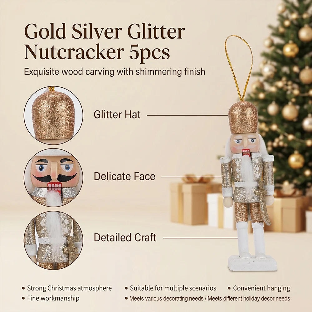 5 Stück 12cm Nussknacker-Puppen aus Holz, Handgefertigte Soldatenfiguren, Tischdekoration, Christbaumanhänger, Weihnachts- und Neujahrsdekoration – Detail 3