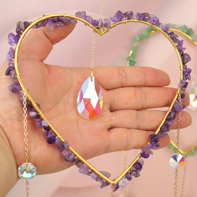 Handmade Heart Shaped Amethyst Gravel Sun Catcher Crystal Pendant Ornament Window Garden Lighting Decoration Hanging