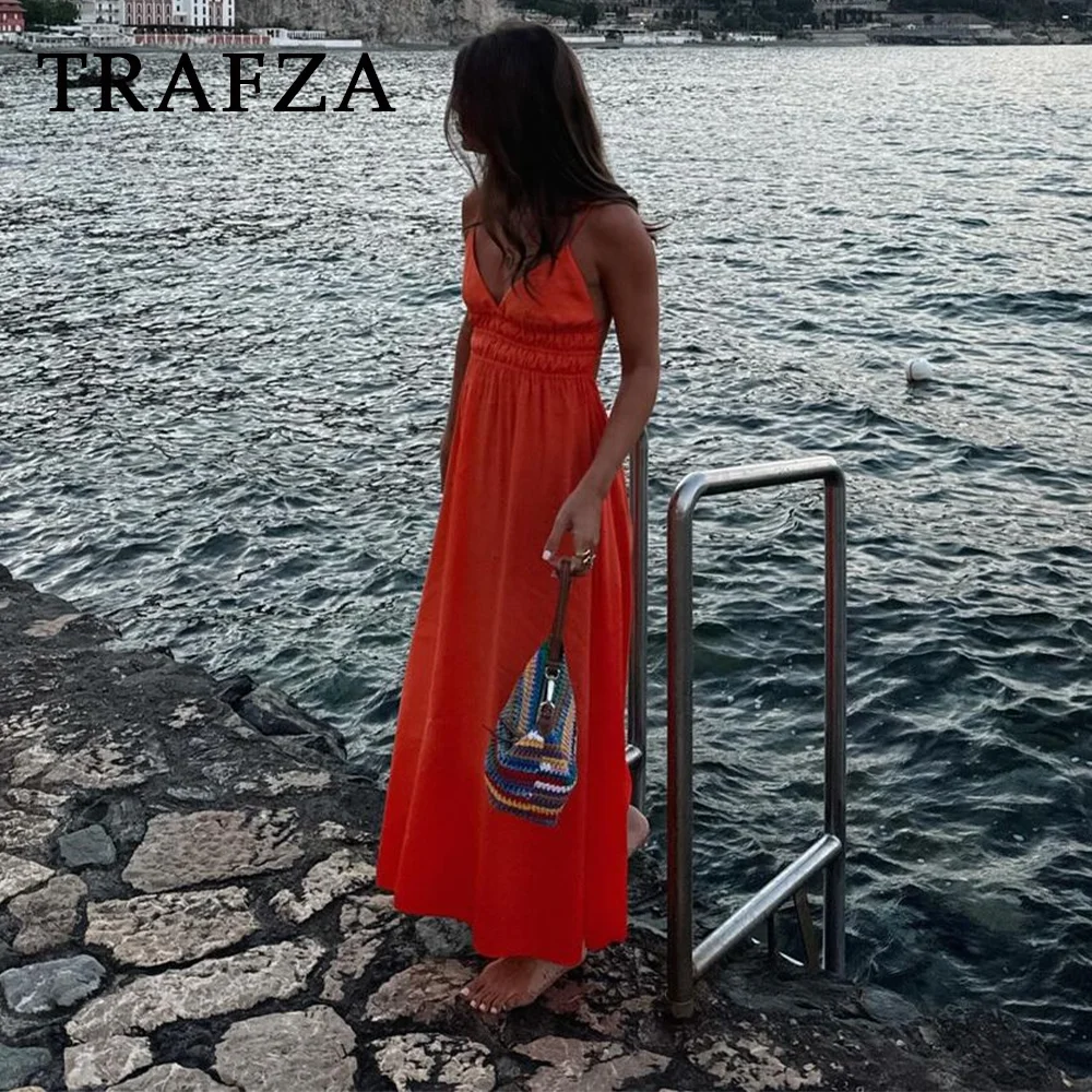 TRAFZA 2024 Spring Summer Beach Style Women Dresses Fashion Casual V Neck Solid Folds Sleeveless Camisole Elegant Ladies Dresses