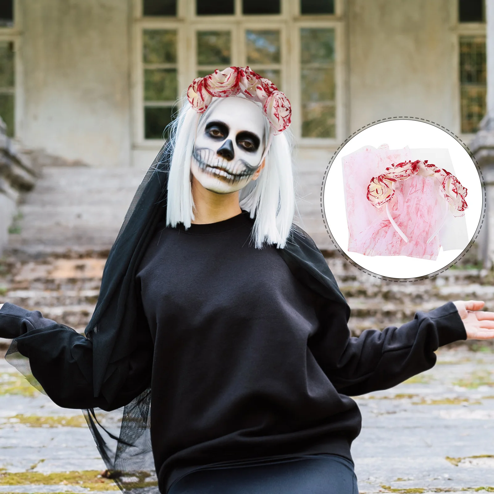 Fascia per capelli con velo da sposa fantasma Accessorio per Halloween Giorno del costume Copricapo in rete con corona floreale