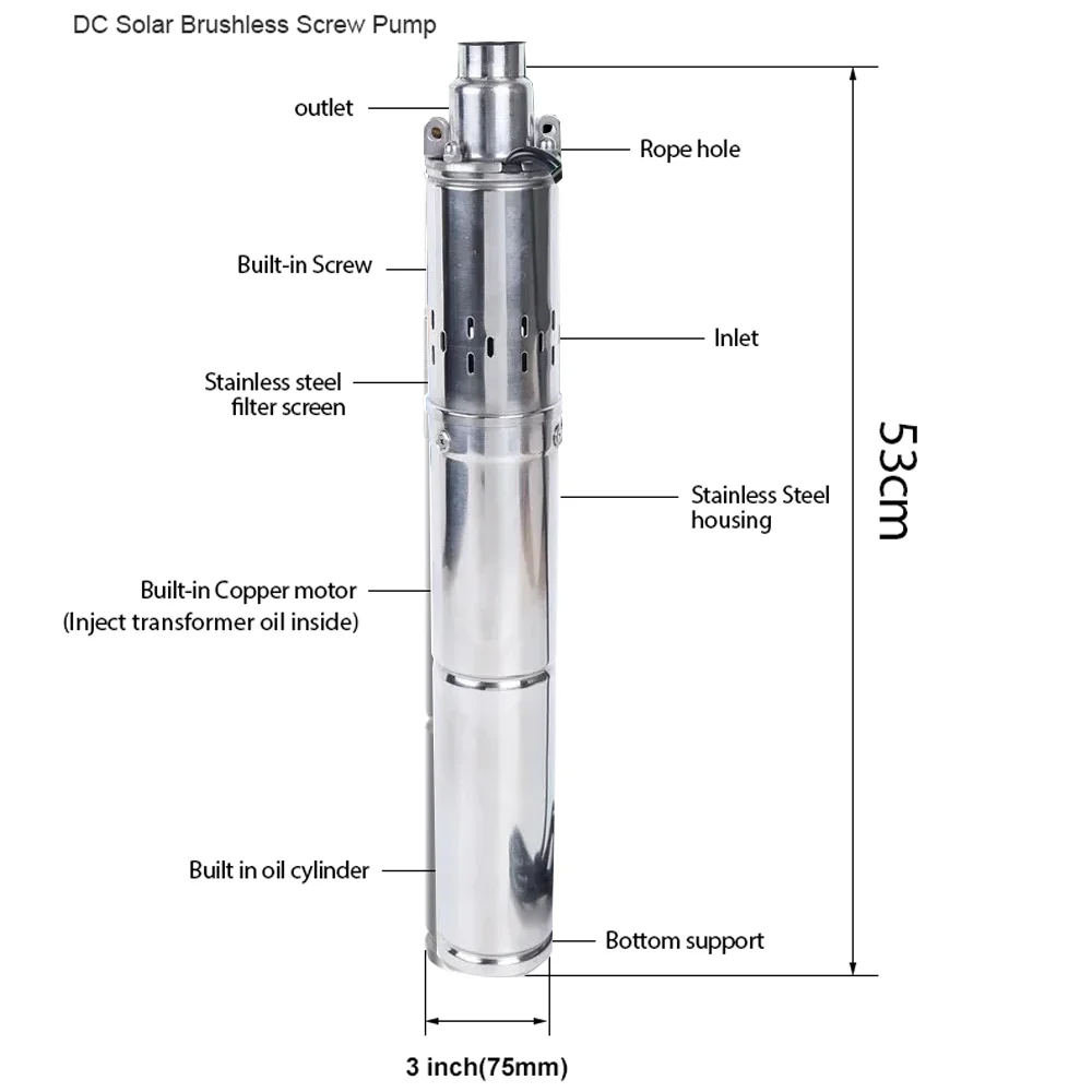 370W Solar DC Deep Well Pump Max Flow 2000L Per Hour Solar PV Brushless Steel Submersible Pump Max Head 65M For Agriculture