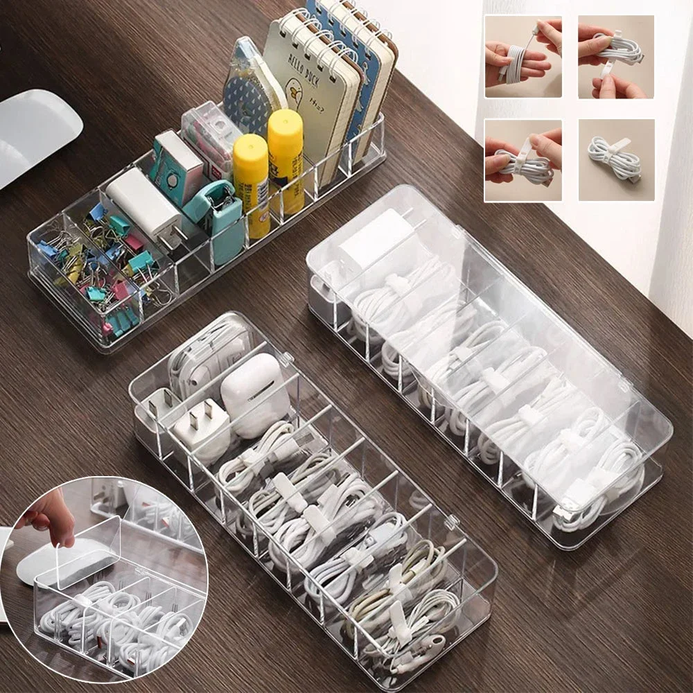 

1PC Transparent Data Cable Organizer Categorized Storage Dustproof with Lid Clutter Collection Box for Office Home Storage Box