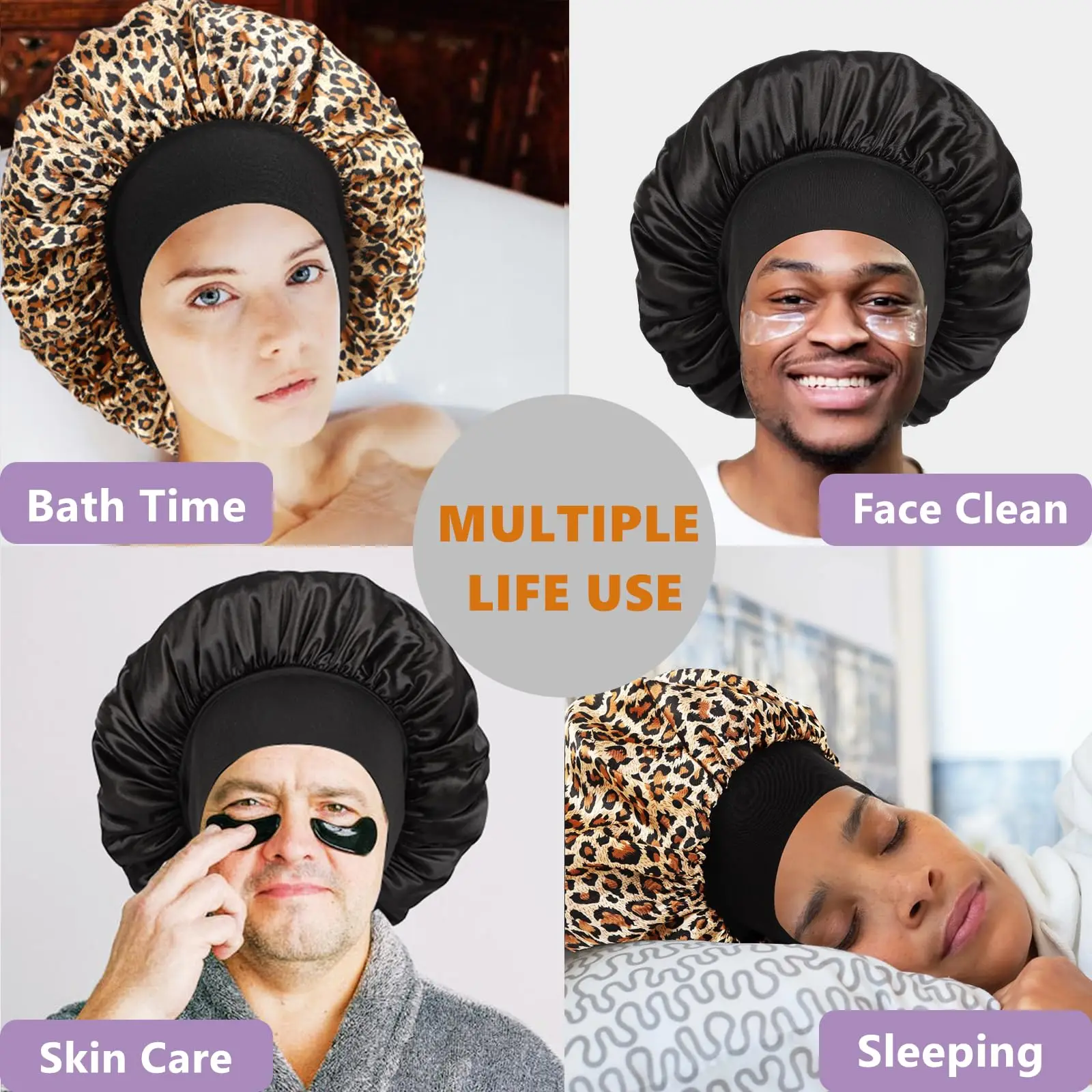 Double Layered Women Sleep Cap Leopard Print Hijab Cap Beauty and Makeup Hair Care Hat Nightcap Men