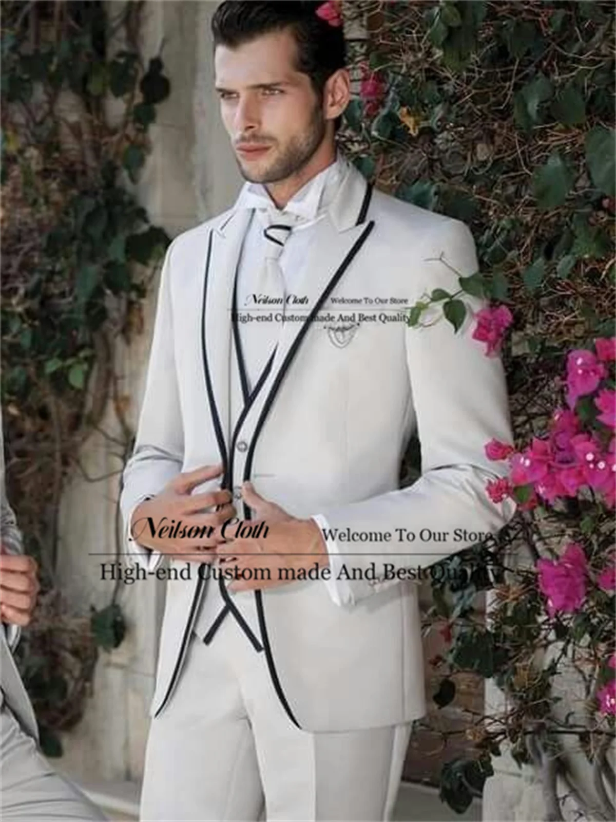 

White Customized Male Prom Blazers 3 Pieces Sets Peaked Lapel Groom Wedding Tuxedos For Men Business Slim Fit Costume Homme