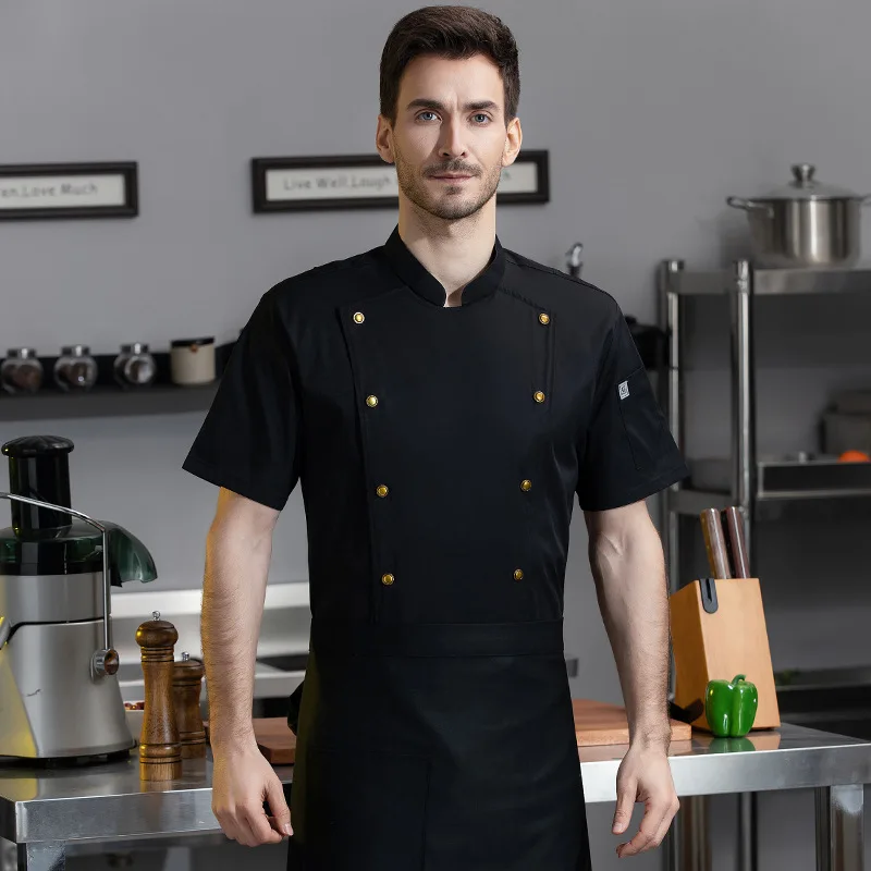 Uniforme da chef per chef di hotel di fascia alta, doppia fila, fibbia in ottone, manica corta, ristorante, chef esecutivo, vestiti da cucina, uniforme da uomo