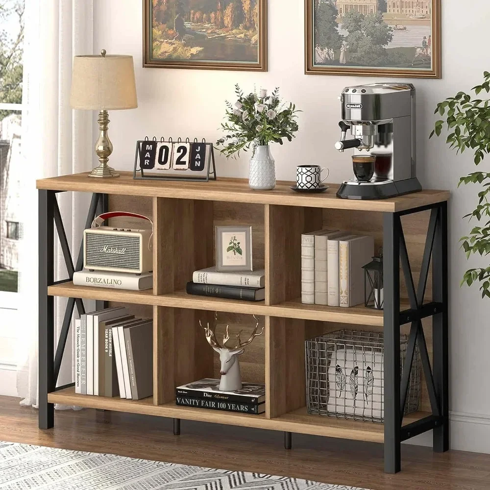 6 Cube Storage Organizer with Shelf, Long Wood and Metal Cubby Bookcase, Industrial Horizontal Bookshelf (Rustic Oak, 47 Inch)