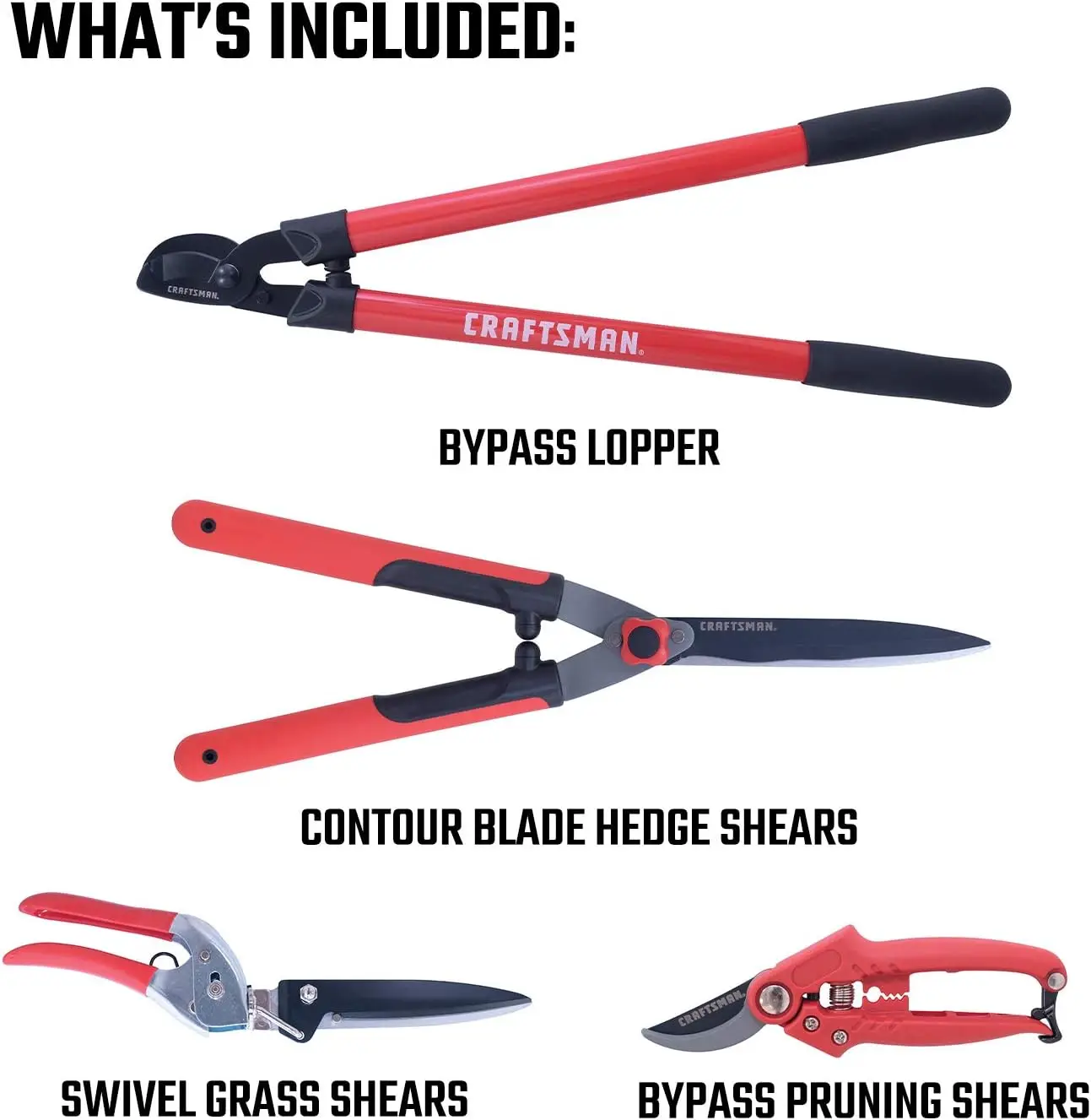 4-Piece Pruning Tools Set With Bypass Pruner, Bypass Lopper, Wavy Blade Hedge Shears & Swivel Blade Grass Shears