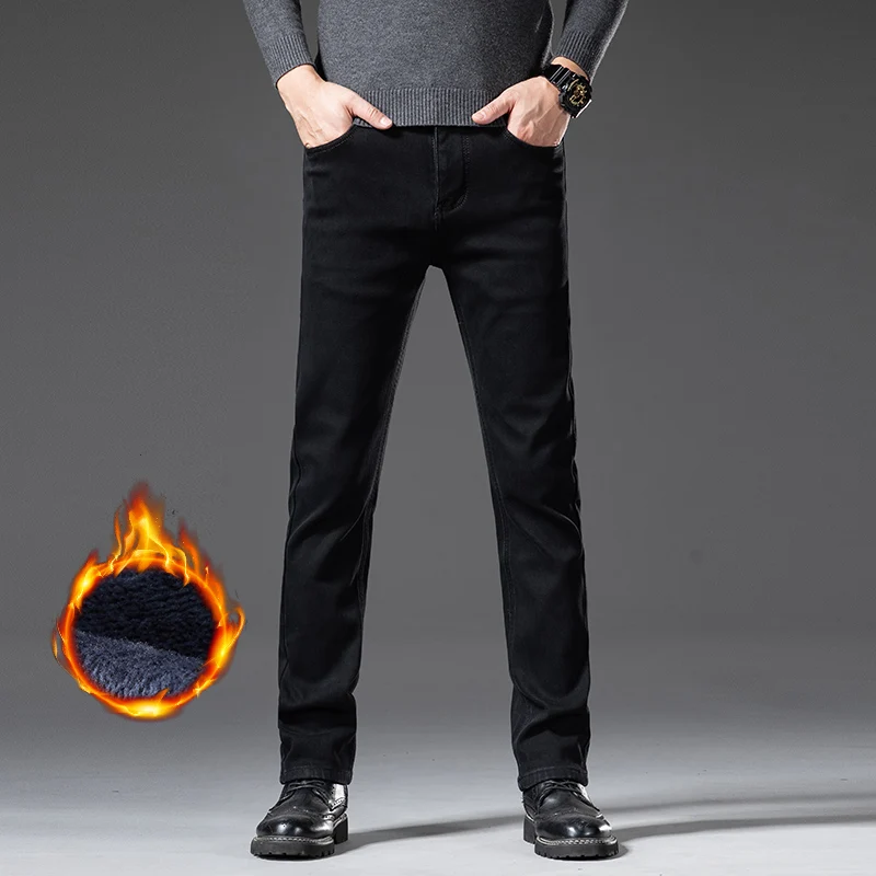 Calças de brim retas finas forradas de lã dos homens inverno quente veludo grosso denim calças térmicas de pelúcia casual workwear elegante ajuste confortável