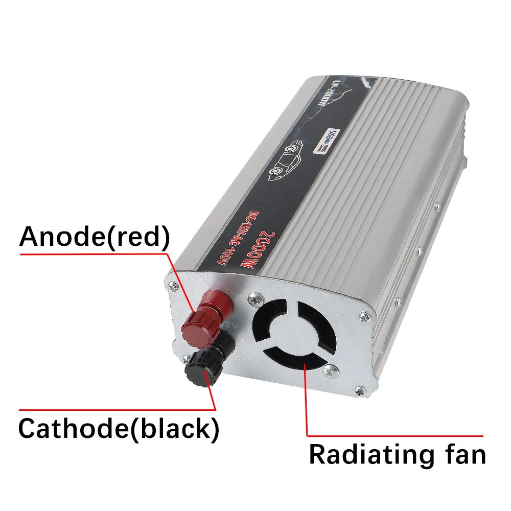 Inversor de 12V CC a CA 110V 220V, convertidor de batería de almacenamiento para el hogar, toma de corriente CA con interruptor, cargador USB, inversor de coche de 2000W