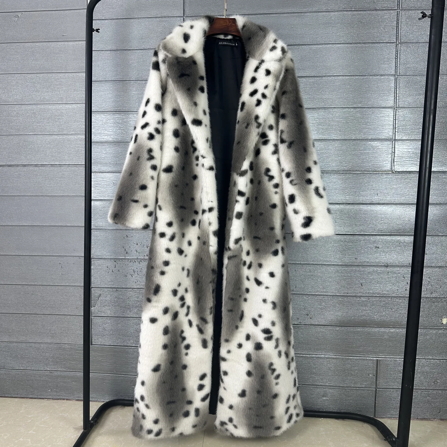 Women Dalmatian Spot Faux Fur Long Coat Lapel Collar Open‑Front Fluffy Furry Warm Loose Winter Streetwear Outerwear Overcoat