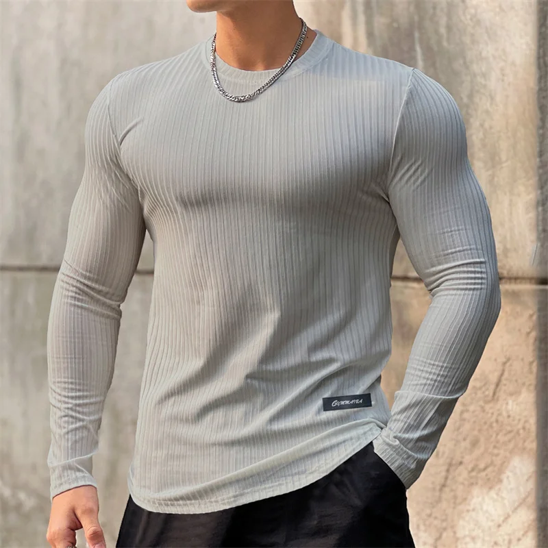 Trendy striped brand fitness breathable long sleeve running training T-shirt elastic quick drying sports T-shirt men clothing