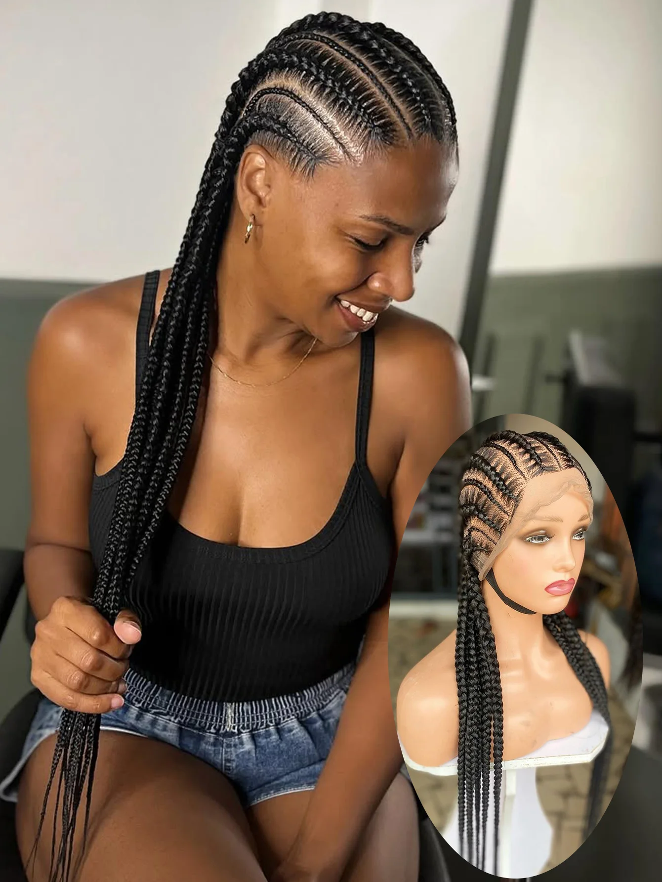 Cornrow Braids Wig Synthetic Full Lace Front Braided Wigs For Black Women 36 Inches Long Locs Goddess Braids Wig With Baby Hair