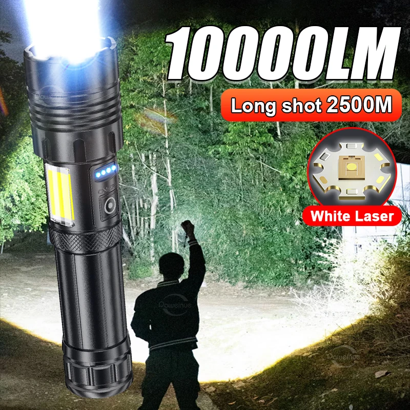 

Powerful White Laser LED Flashlight Built-in Battery USB Rechargeable Zoom Torch With Power Display Outdoor Tactical Flashlights