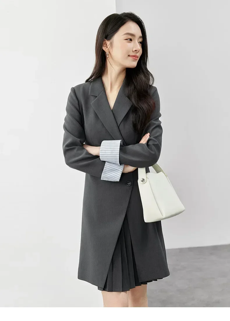 SENTUBILA Office Lady Mini Blazer Dresses Women 2024 Autumn Patchwork Pleated Notched Collar Dress Female Clothing Q43L57148