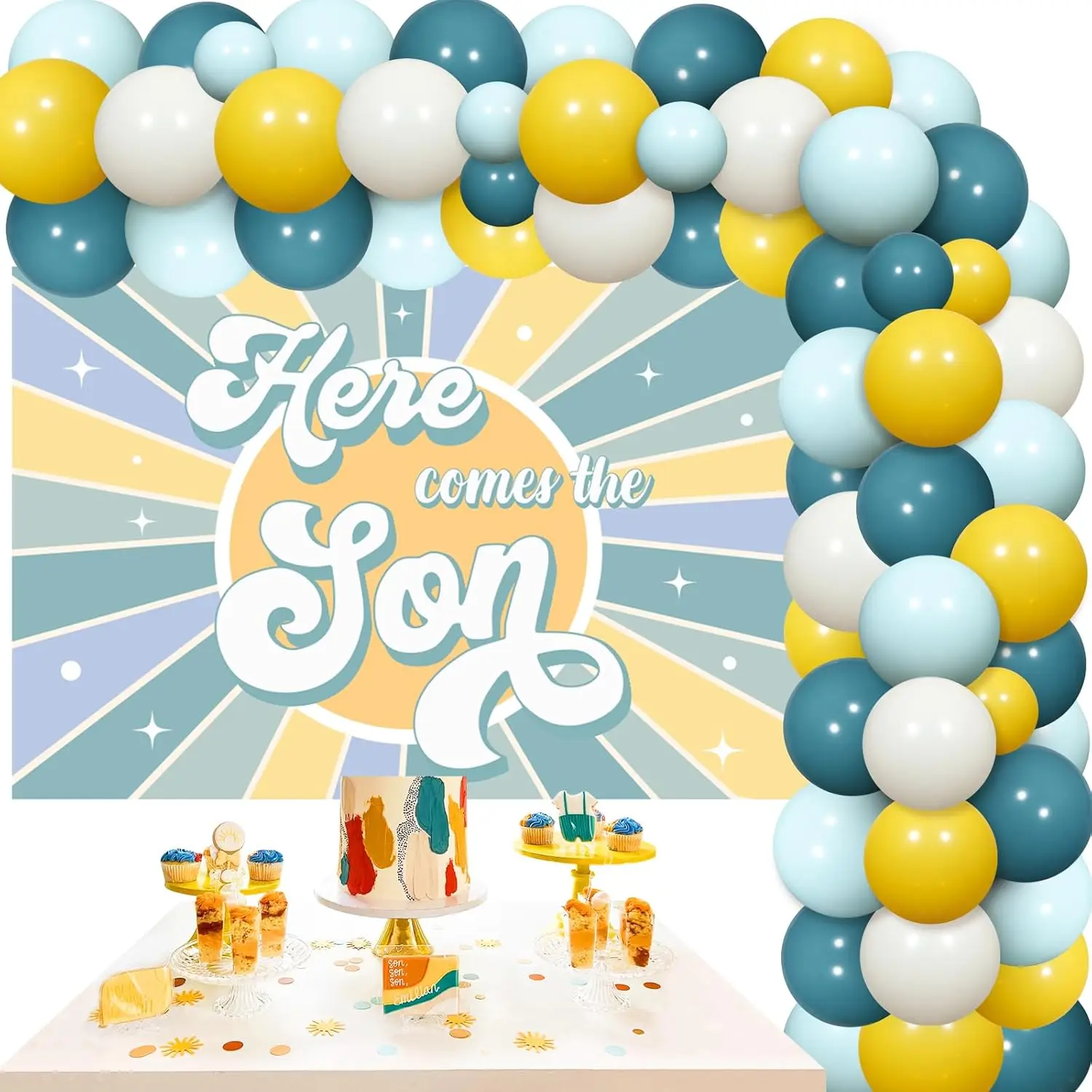 

Here Comes the Son Baby Shower Decorations, Sunshine Vintage Blue Yellow Balloon Garland Kit Backdrop for